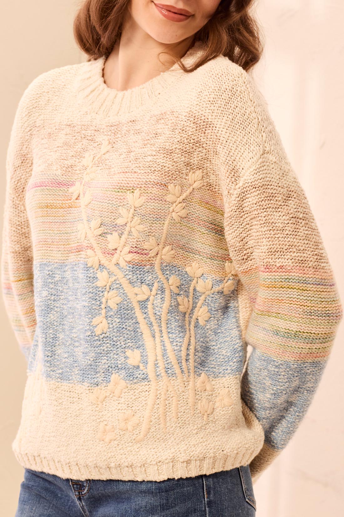 Tribal Women's Long Sleeve Crew Neck Embroidery Sweater