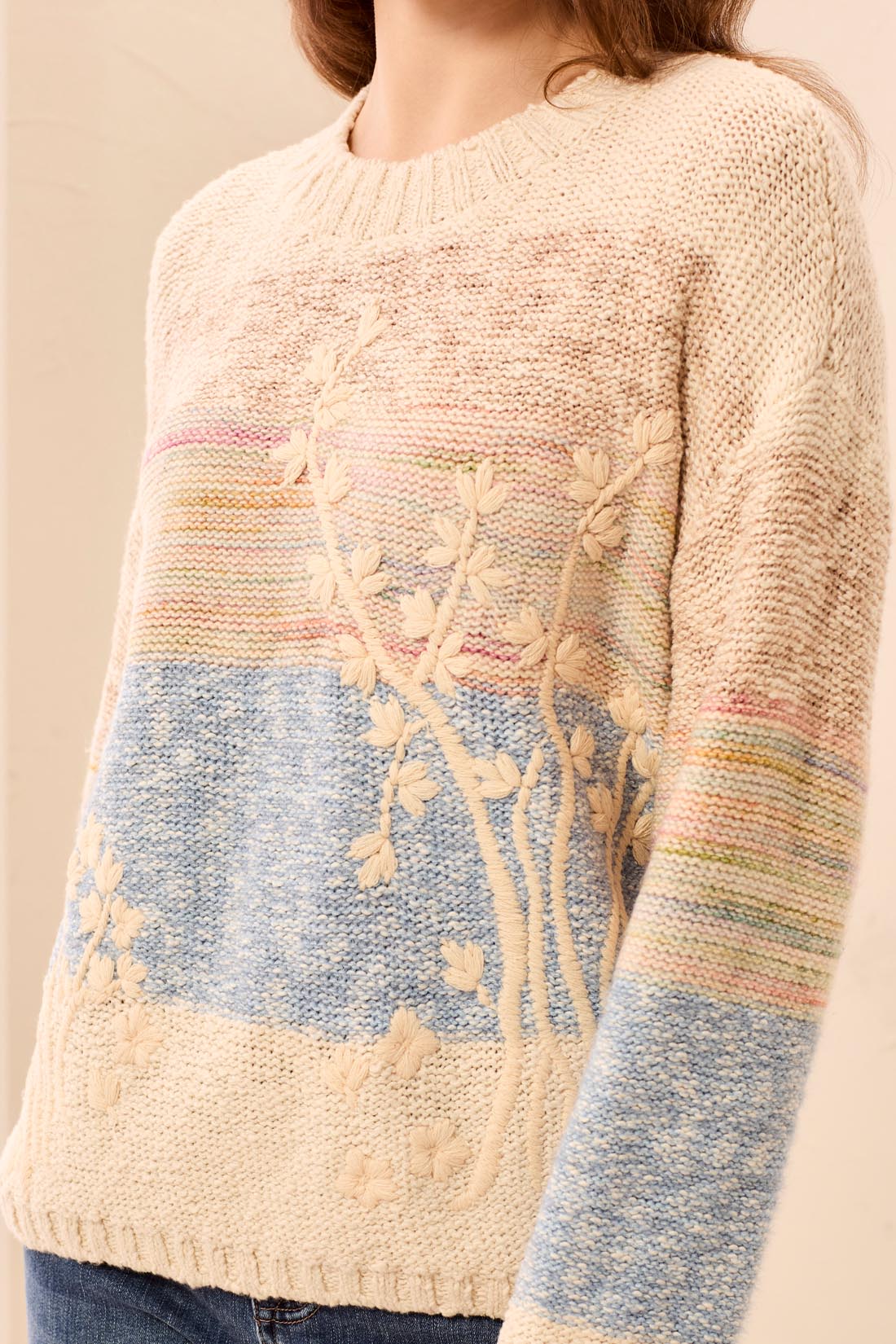 Tribal Women's Long Sleeve Crew Neck Embroidery Sweater