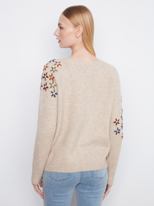 Charlie B Women's Floral Embroidered Raglan Crew Sweater
