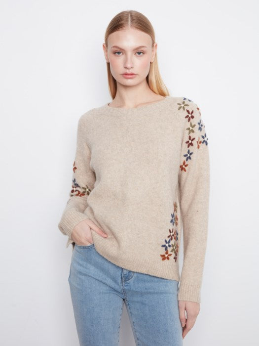 Charlie B Women's Floral Embroidered Raglan Crew Sweater