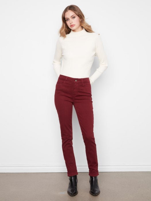 Charlie B Women's Cuffed Slim 5-Pocket Colored Twill Pants