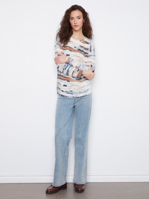 Charlie B Women's LS Drop Shoulder Reversible Crew Sweater - Stream