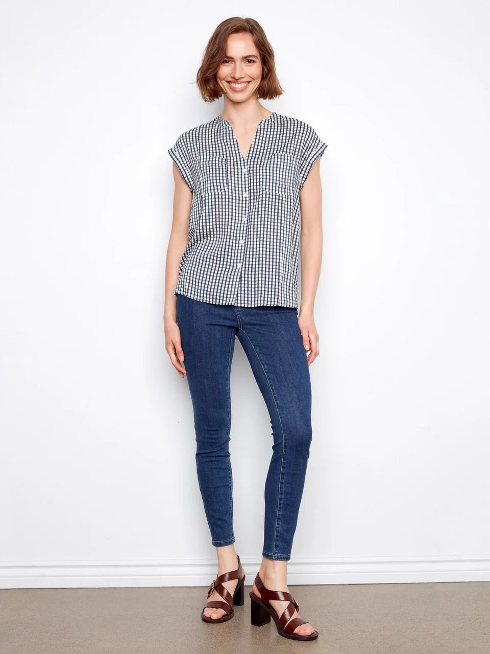 Charlie B Women's Printed Gingham Short Sleeve Blouse - A&M Clothing & Shoes