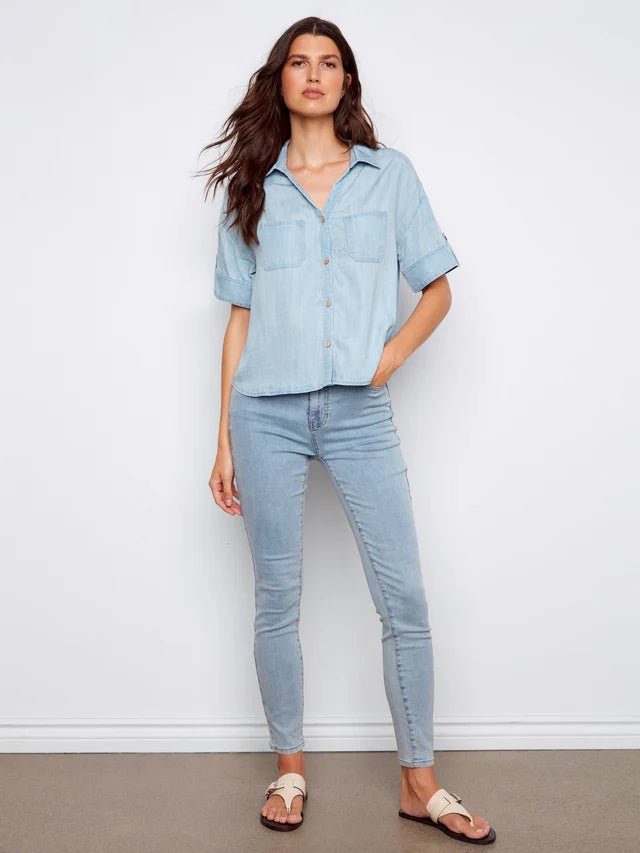 Charlie B Women's SS Button Front Tencel Patch Pocket Blouse - A&M Clothing & Shoes