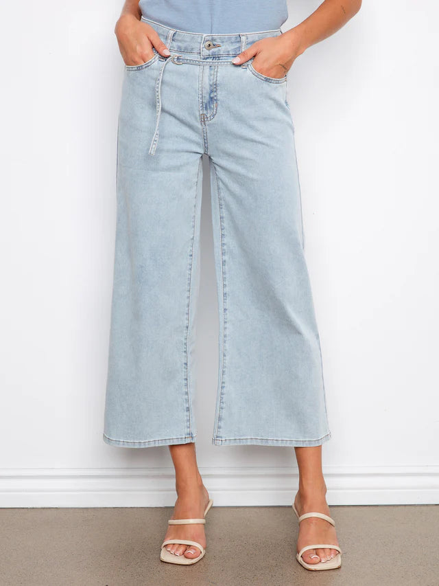 Charlie B Women's Belted Stretch Denim Wide Leg Pants