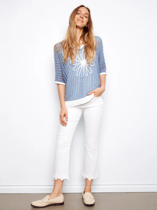 Charlie B Women's Fishnet Dolman Elbow Sleeve Sweater