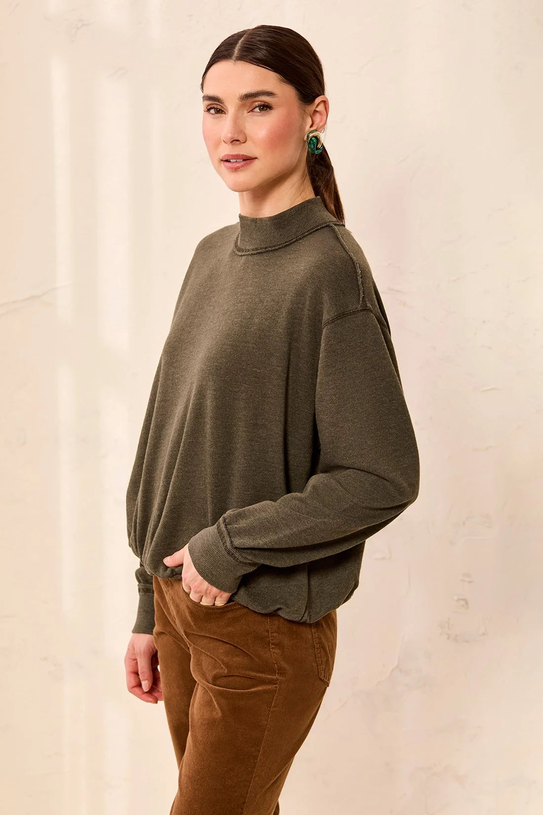 Tribal Women's Bubble French Terry Crew Neck Long Sleeve Knit Top