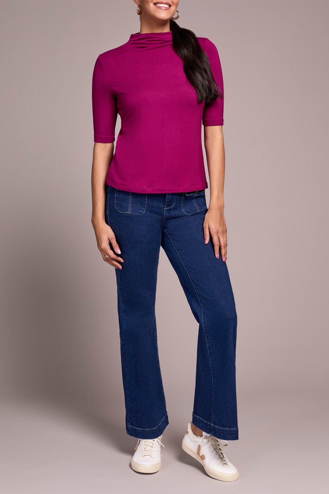 Tribal Women's Funnel Neck Elbow Sleeve Knit Top - A&M Clothing & Shoes - Westlock