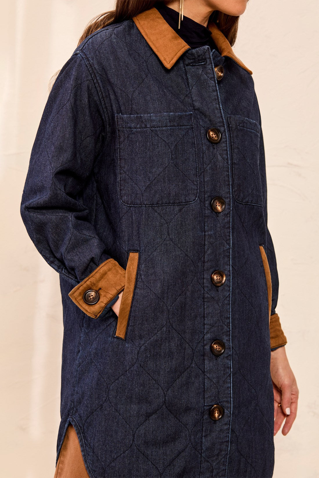Tribal Women's Quilted Denim Suede Collar Jacket