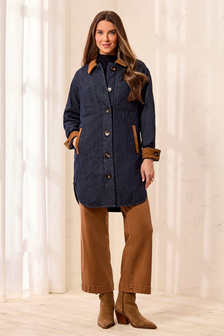 Tribal Women's Quilted Denim Suede Collar Jacket