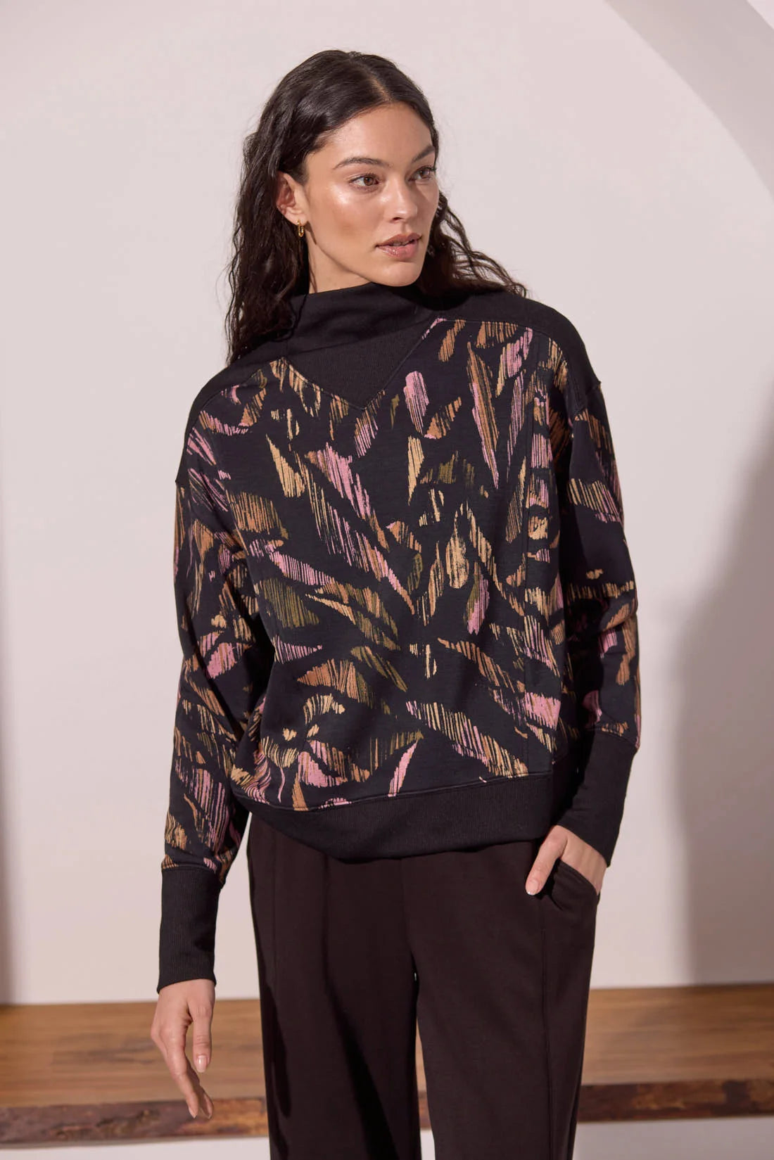 Tribal Women's Mock Neck Printed Combo Rib Top