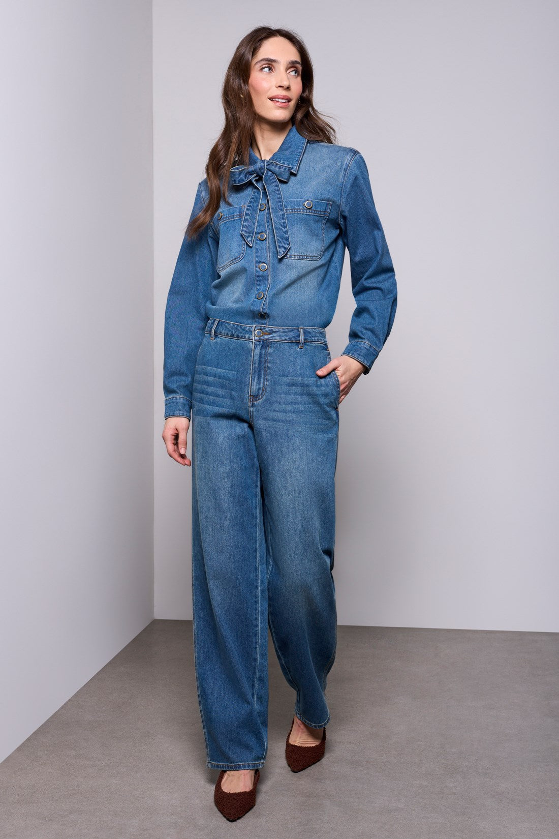 Tribal Women's Denim Removable Self Tie Blouse