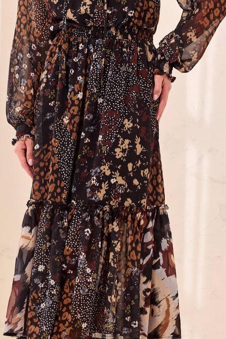 Tribal Women's Mixed Print Drama Smocking Details Dress