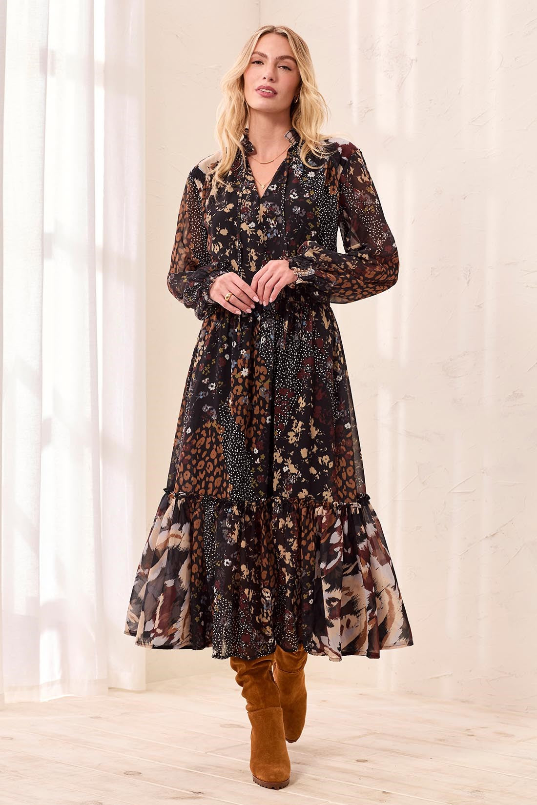 Tribal Women's Mixed Print Drama Smocking Details Dress