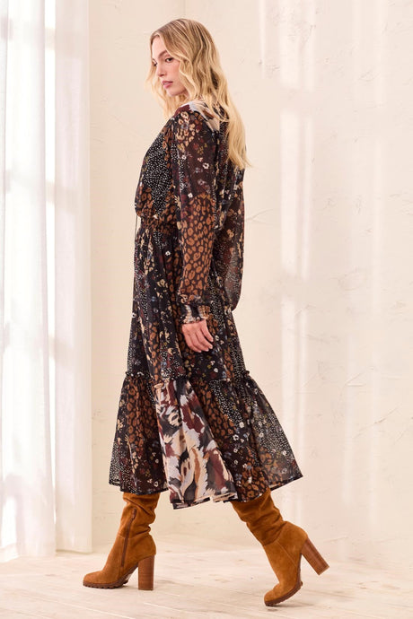 Tribal Women's Mixed Print Drama Smocking Details Dress