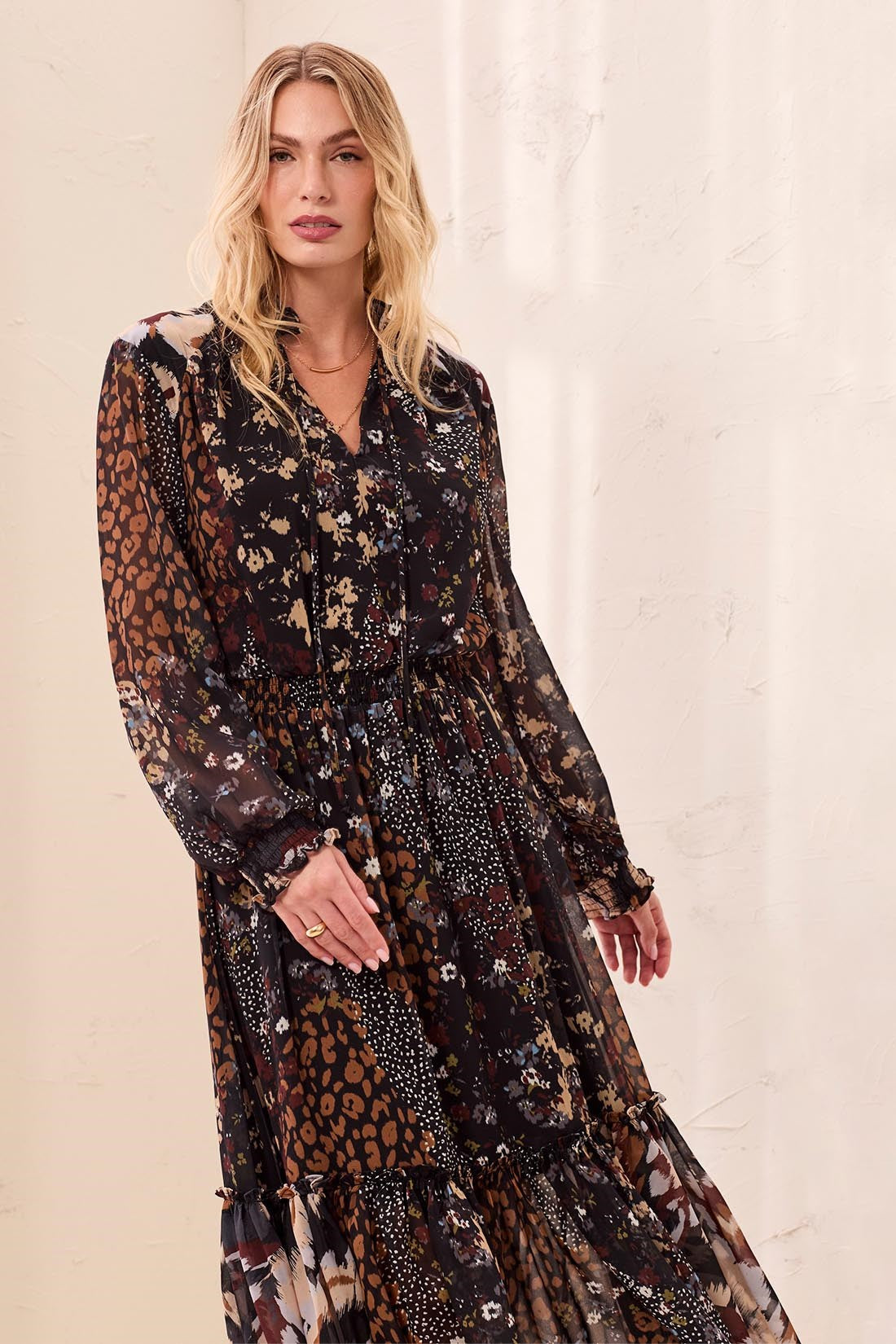 Tribal Women's Mixed Print Drama Smocking Details Dress