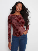 Charlie B Women's Flocked Jersey LS Boat Neck Ruching Top
