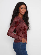 Charlie B Women's Flocked Jersey LS Boat Neck Ruching Top