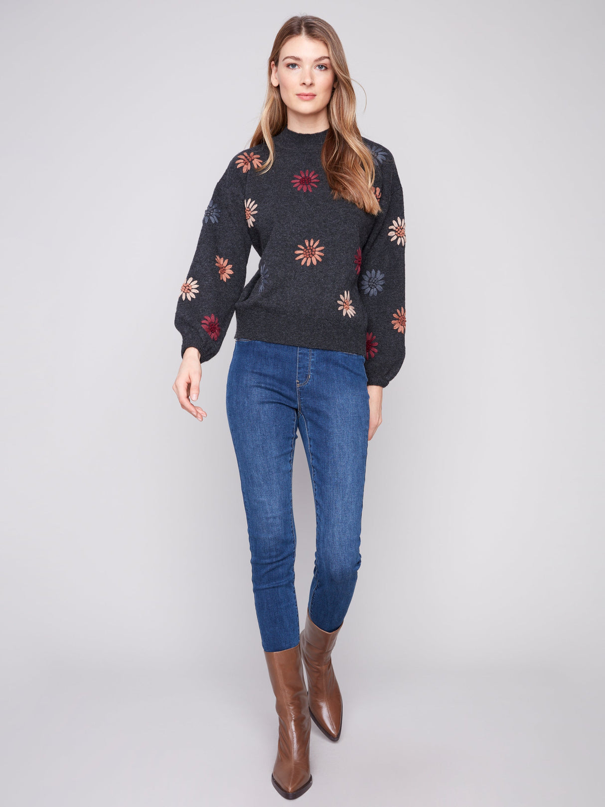 Charlie B Women's Mock Neck Embroidery Sweater