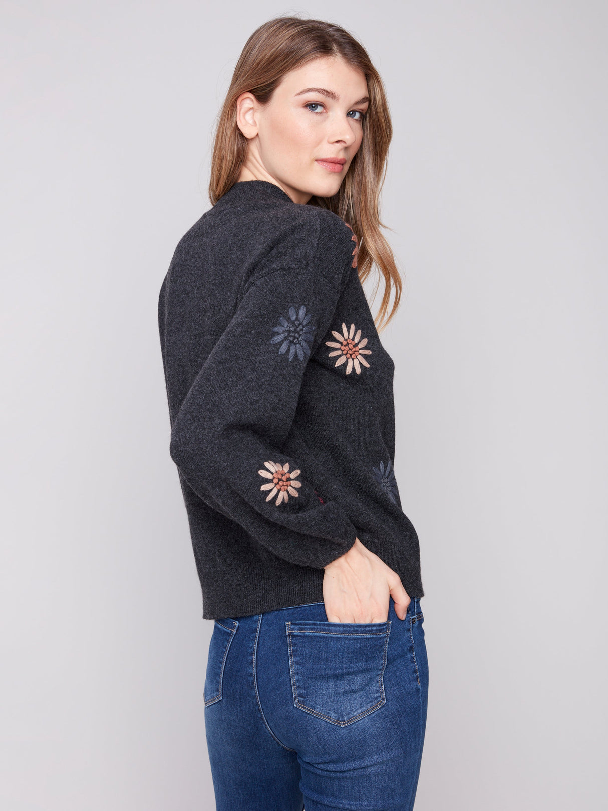 Charlie B Women's Mock Neck Embroidery Sweater