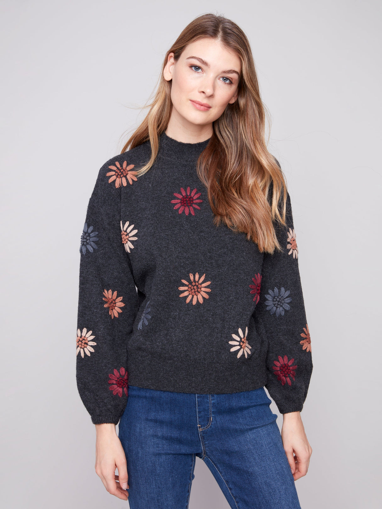 Charlie B Women's Mock Neck Embroidery Sweater