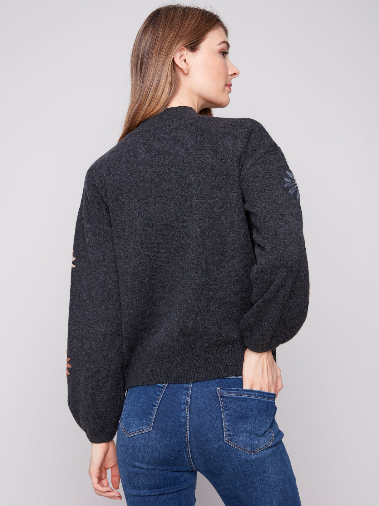 Charlie B Women's Mock Neck Embroidery Sweater