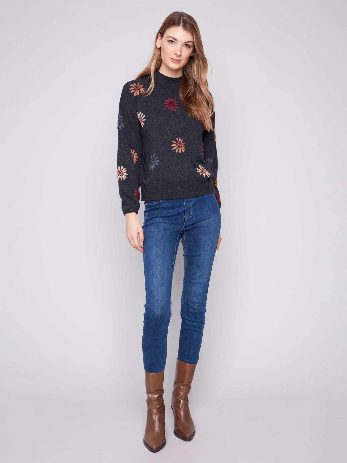 Charlie B Women's Mock Neck Embroidery Sweater