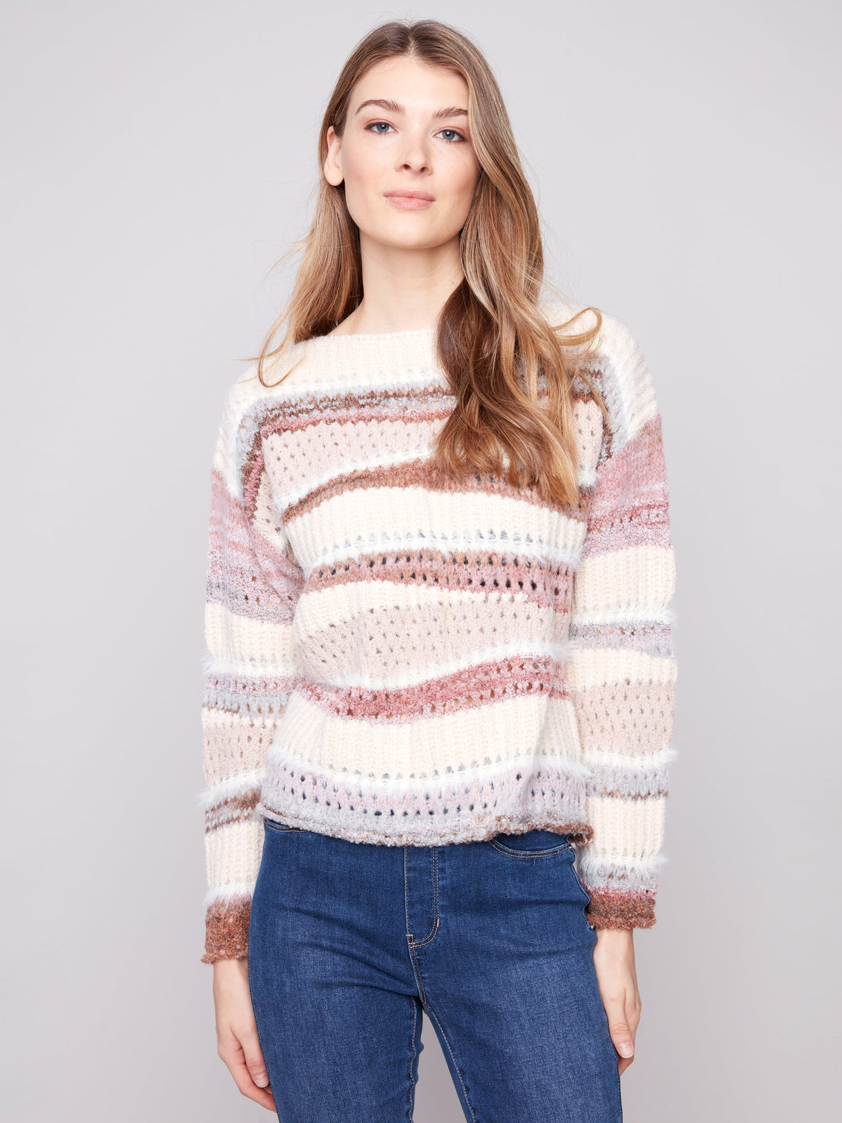 Charlie B Women's Patchwork Knit Drop Shoulder Sweater