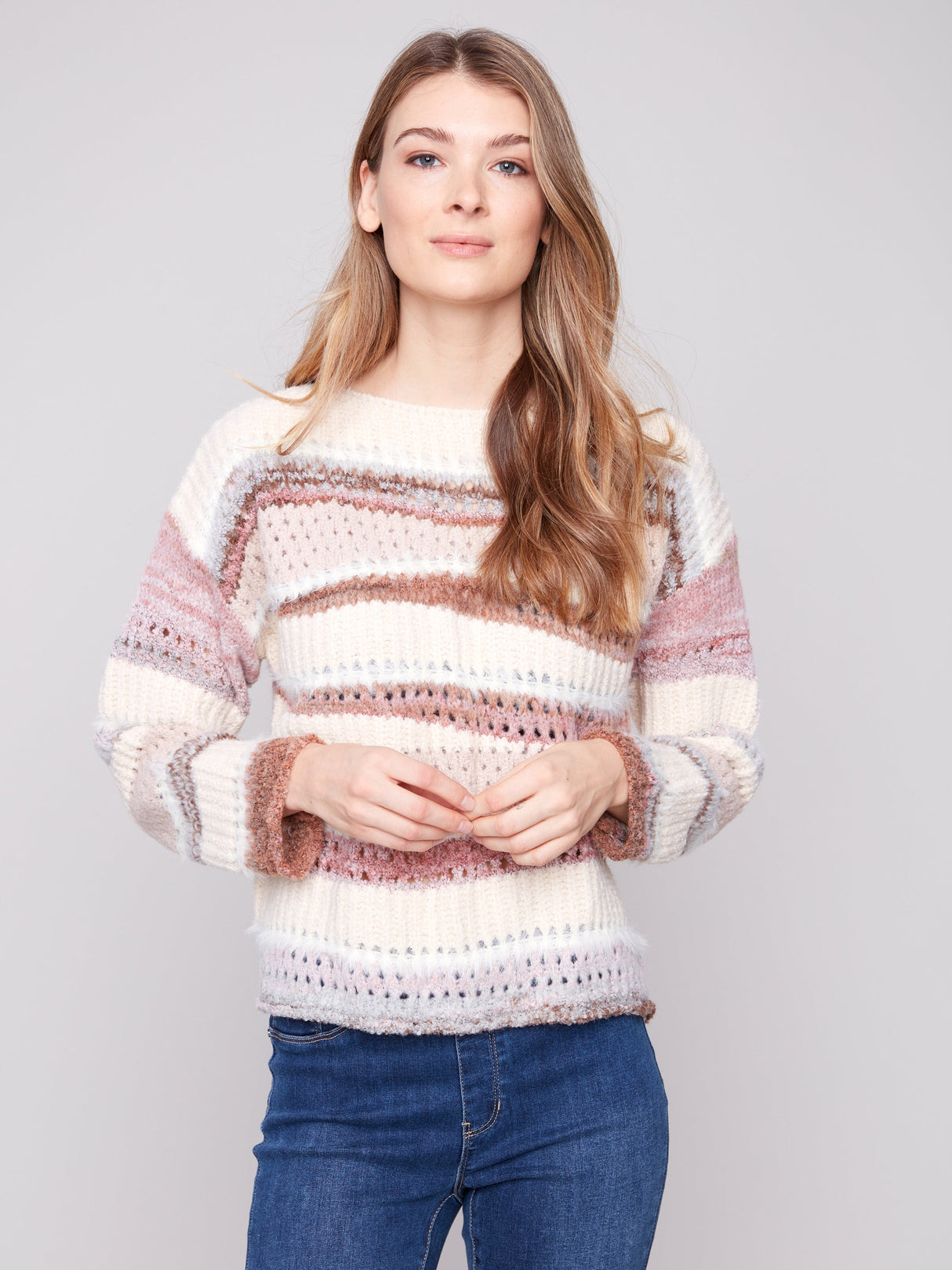 Charlie B Women's Patchwork Knit Drop Shoulder Sweater