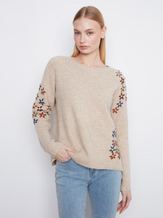 Charlie B Women's Floral Embroidered Raglan Crew Sweater