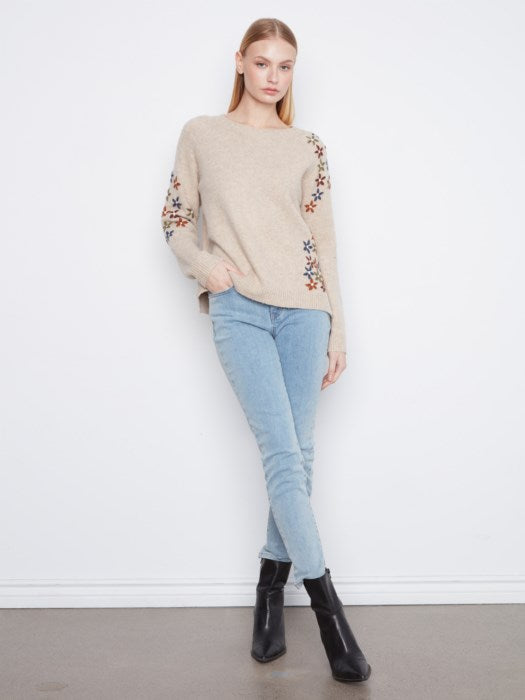 Charlie B Women's Floral Embroidered Raglan Crew Sweater