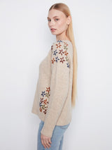 Charlie B Women's Floral Embroidered Raglan Crew Sweater