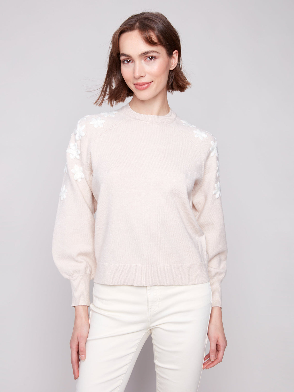Charlie B Women's Crew Neck Embroidery Sweater