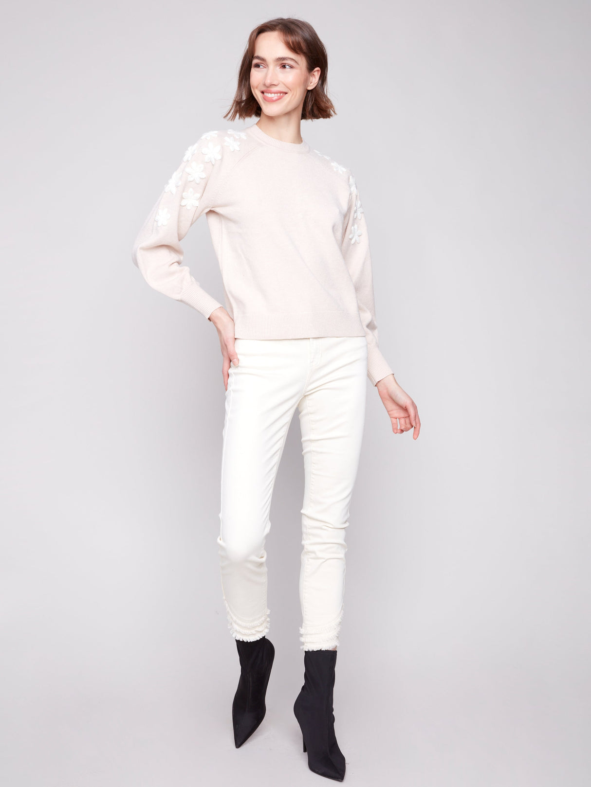 Charlie B Women's Crew Neck Embroidery Sweater