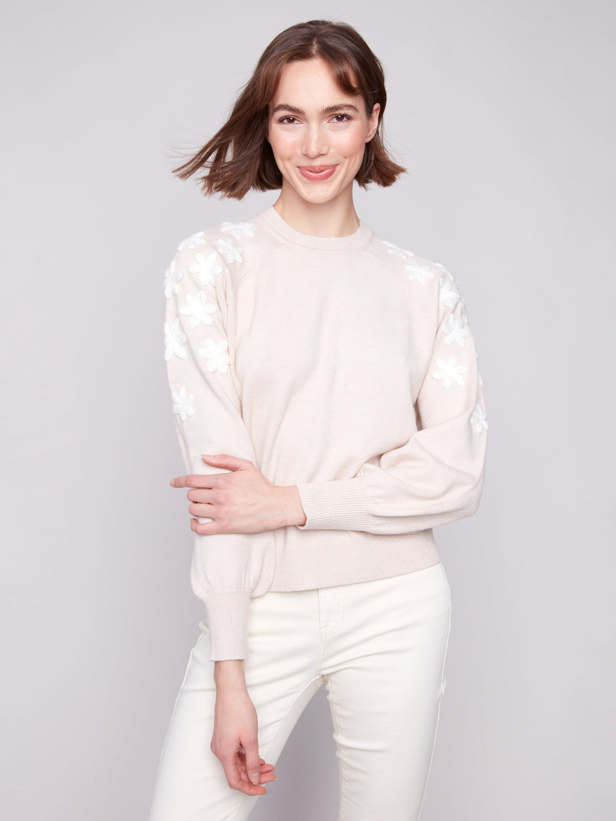 Charlie B Women's Crew Neck Embroidery Sweater