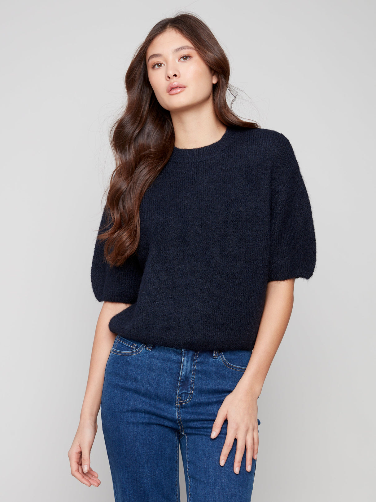Charlie B Women's Elbow Sleeve Balloon Shape Sweater