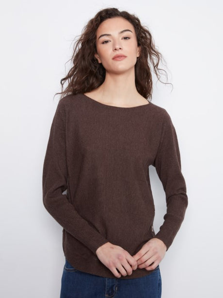 Charlie B Women's LS Drop Shoulder Boat Neck Button Sweater