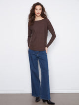 Charlie B Women's LS Drop Shoulder Boat Neck Button Sweater