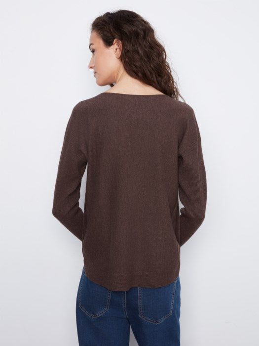 Charlie B Women's LS Drop Shoulder Boat Neck Button Sweater