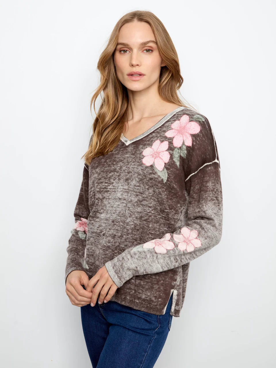 Charlie B Women's LS Drop Shoulder V-Neck Reversible Sweater
