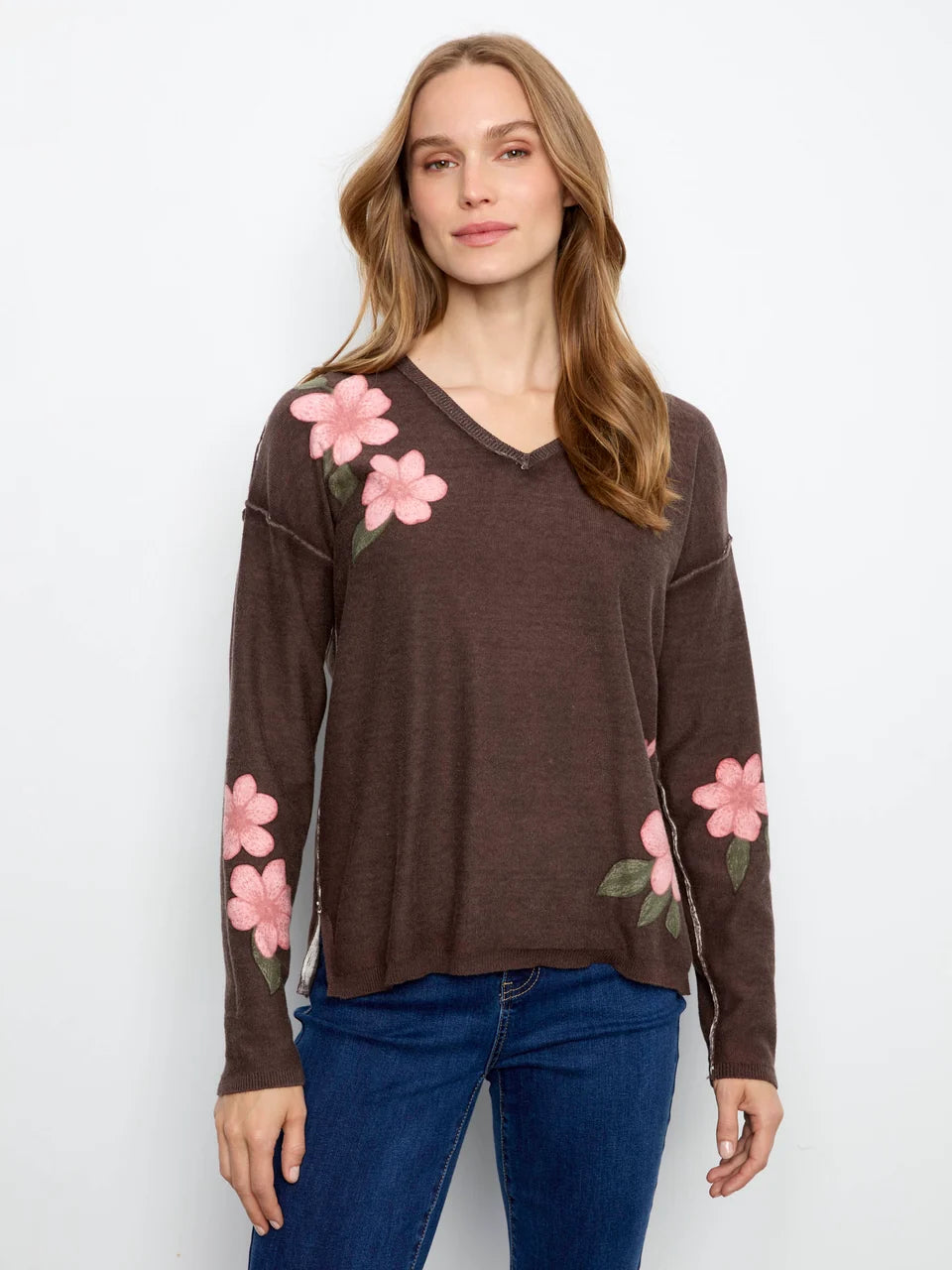 Charlie B Women's LS Drop Shoulder V-Neck Reversible Sweater
