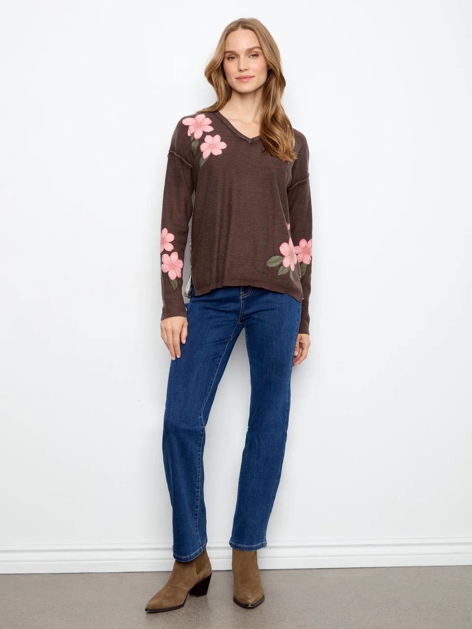 Charlie B Women's LS Drop Shoulder V-Neck Reversible Sweater