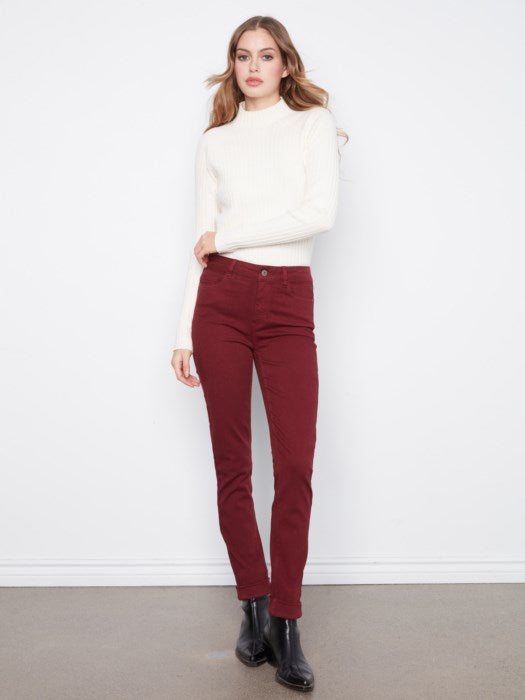 Charlie B Women's Cuffed Slim 5-Pocket Colored Twill Pants