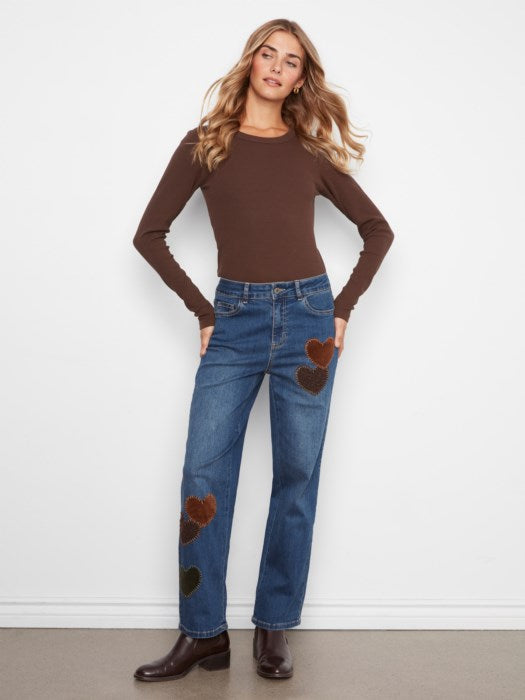 Charlie B Women's Straight Leg Heart Patch Pants