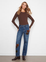 Charlie B Women's Straight Leg Heart Patch Pants
