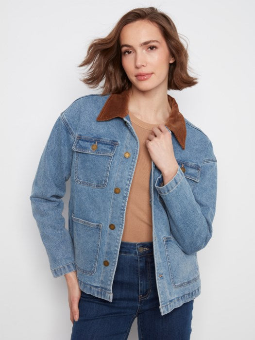 Charlie B Women's Contrast Corduroy Collar Denim Barn Jacket