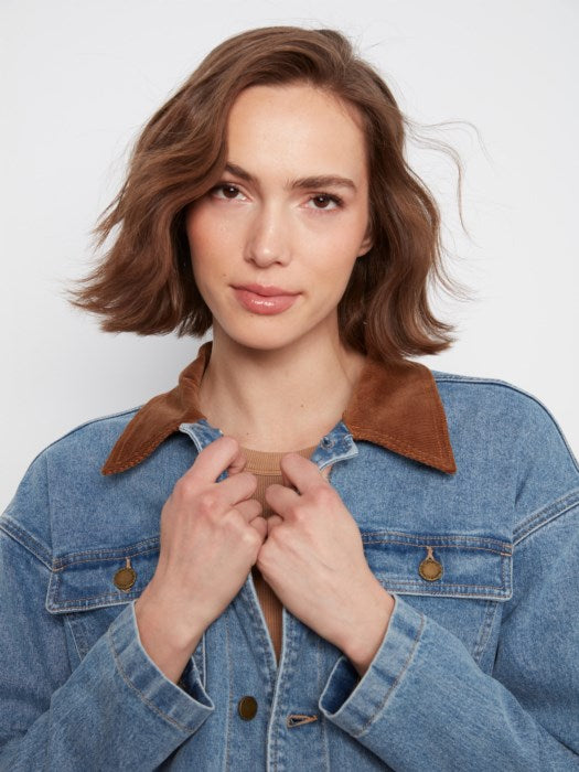 Charlie B Women's Contrast Corduroy Collar Denim Barn Jacket