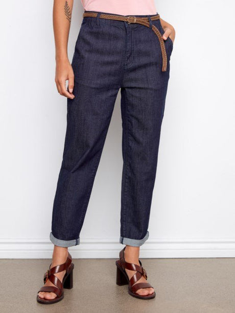 Charlie B Women's Belted Cross Hatch Denim Pants - Deep Blue