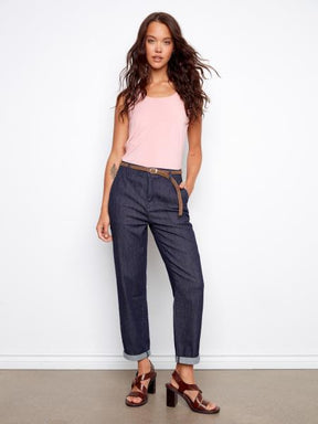 Charlie B Women's Belted Cross Hatch Denim Pants - Deep Blue