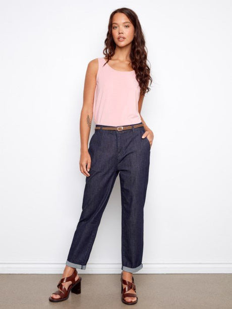 Charlie B Women's Belted Cross Hatch Denim Pants - Deep Blue